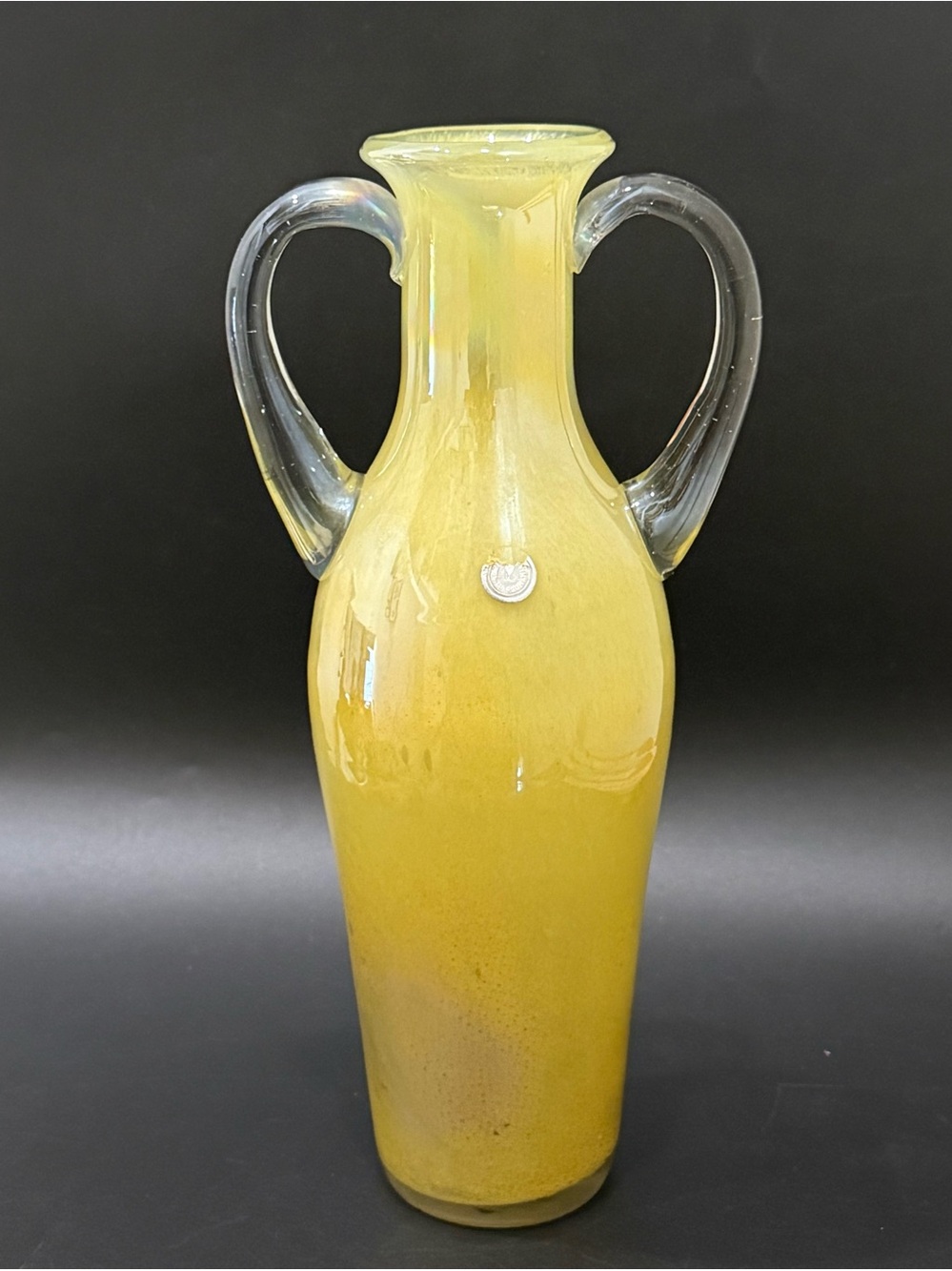 Vintage MCM Yellow Cased Glass Amphora Style 11 1/2” Vase Made in Romania